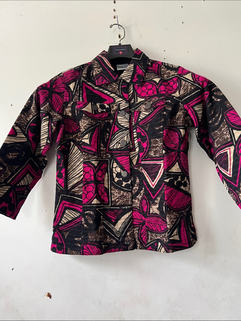 Chico's Black and Fuchsia Geometric Print Jean Jacket Size 0